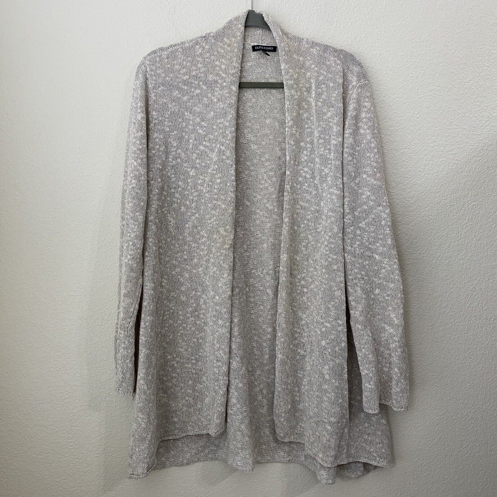 Eileen Fisher Cardigan Womens XL Longline Open Front Beige Linen Blend